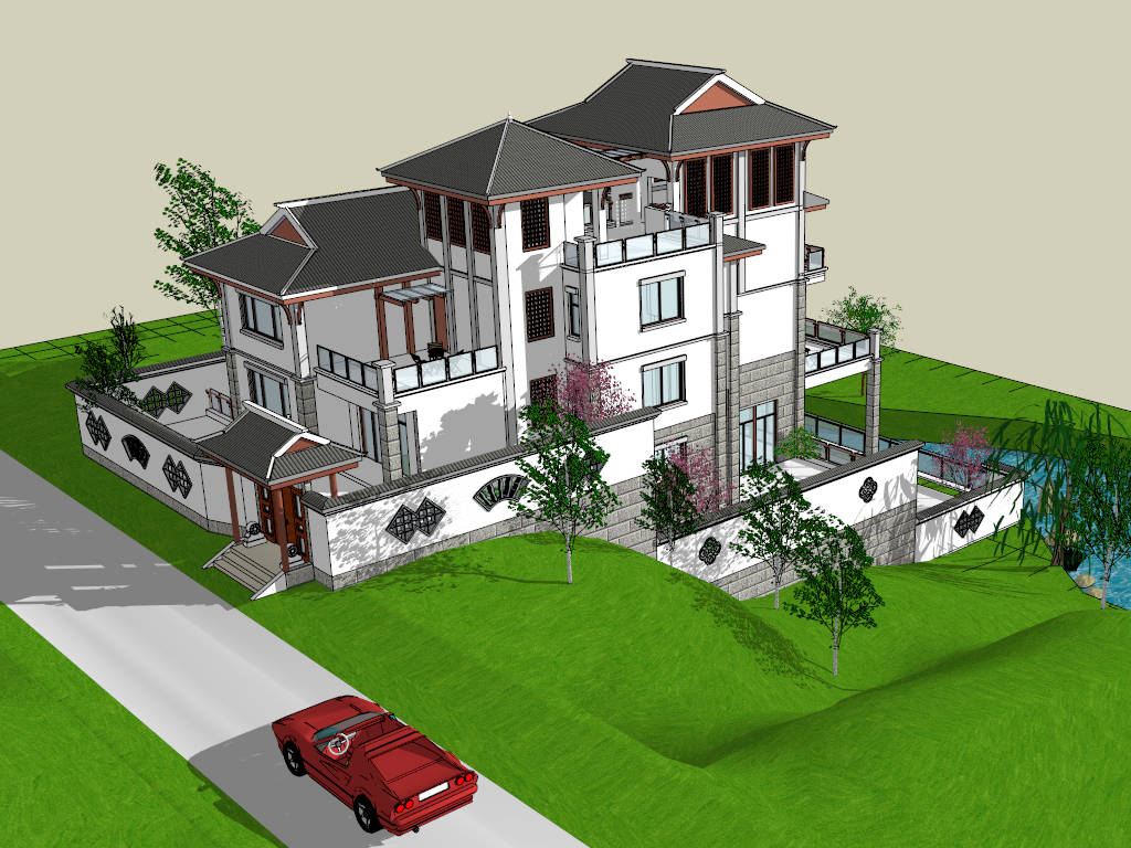 Modern Chinese Mansion On Mountain sketchup model preview - SketchupBox