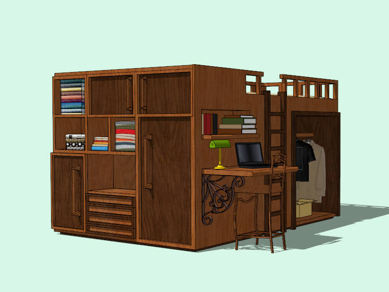 Adult Loft Bed with Wardorbe sketchup model preview - SketchupBox
