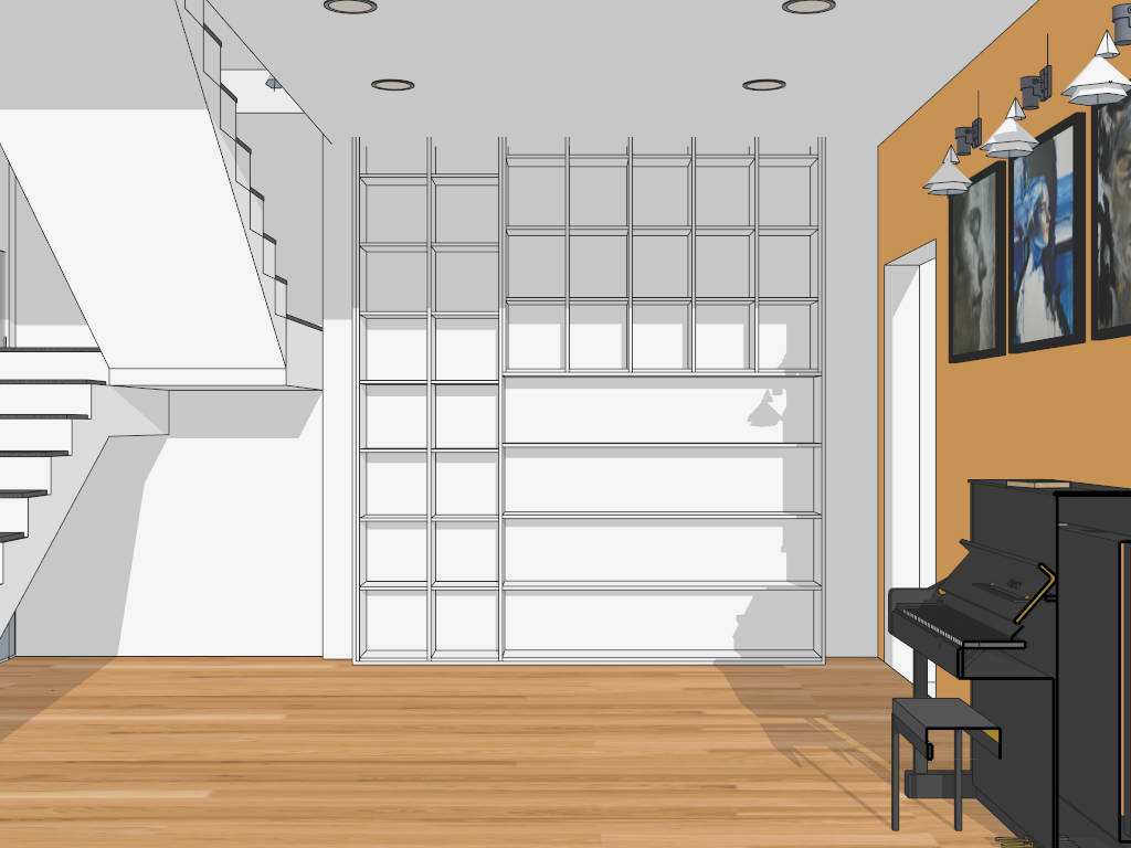 loft apartment living room and kitchen sketchup model preview - SketchupBox