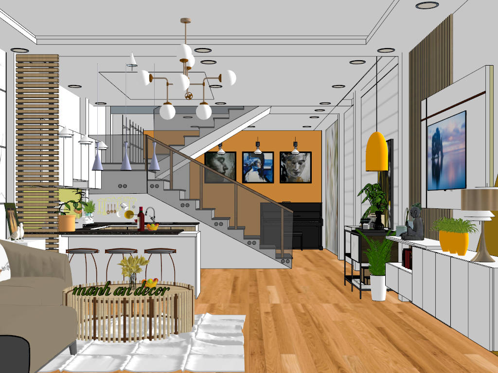 loft apartment living room and kitchen sketchup model preview - SketchupBox
