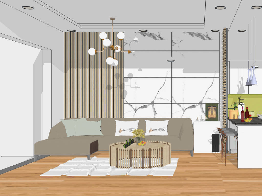 loft apartment living room and kitchen sketchup model preview - SketchupBox