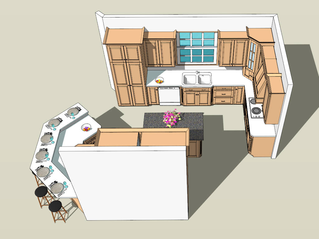 Open Kitchen with Island and Bar sketchup model preview - SketchupBox
