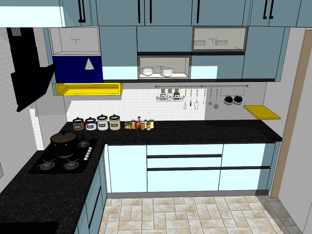 L Shape Light Blue Kitchen Ideas sketchup model preview - SketchupBox