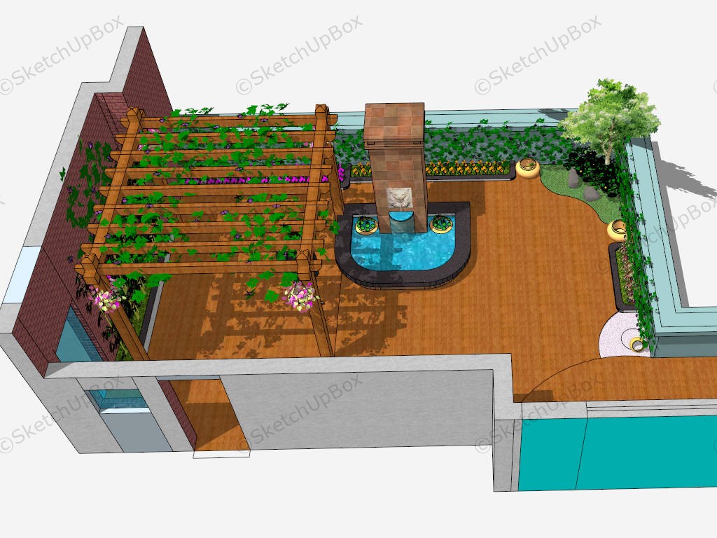 Small Terrace With Pergola And Fountain sketchup model preview - SketchupBox