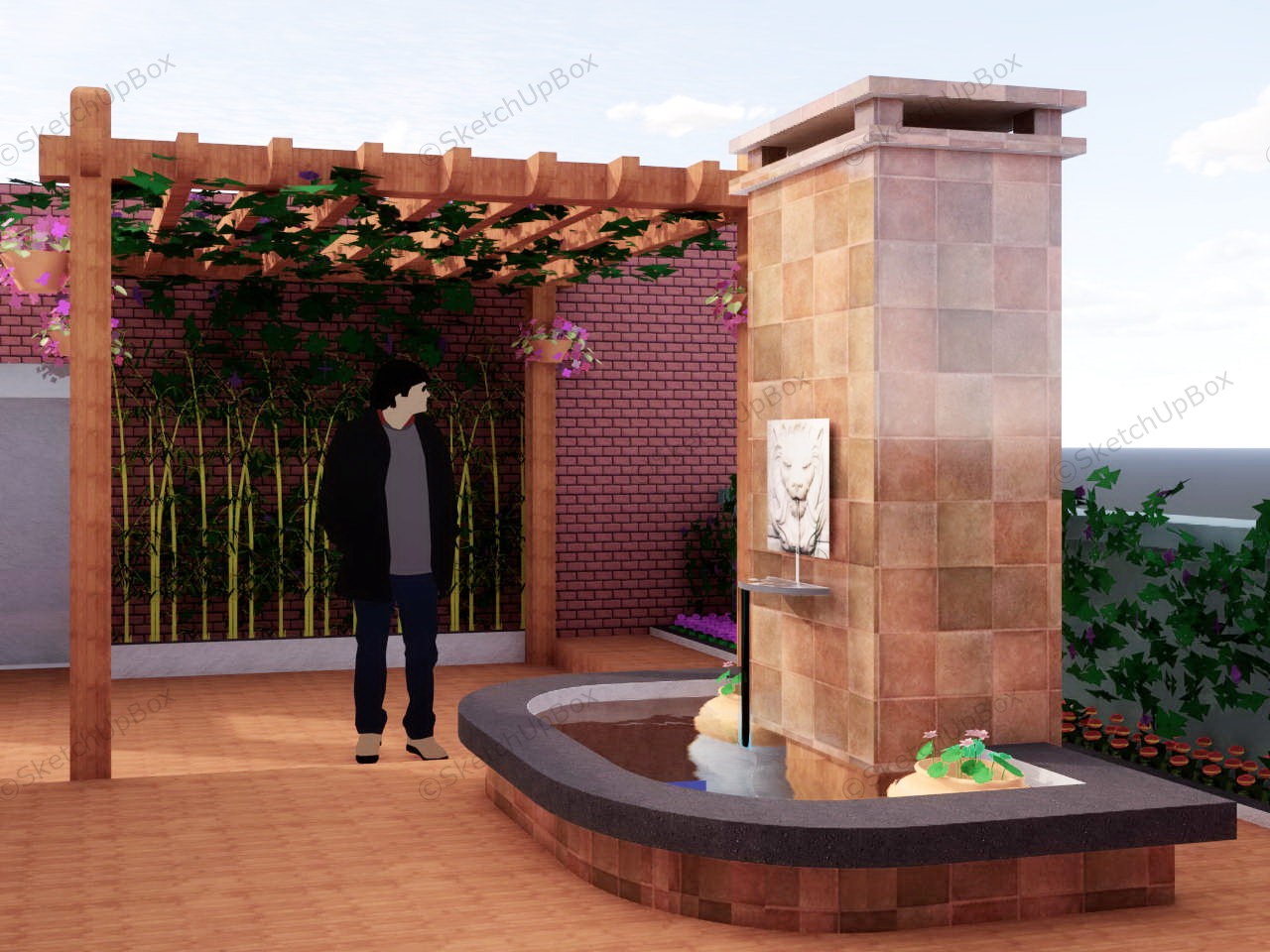 Small Terrace With Pergola And Fountain sketchup model preview - SketchupBox