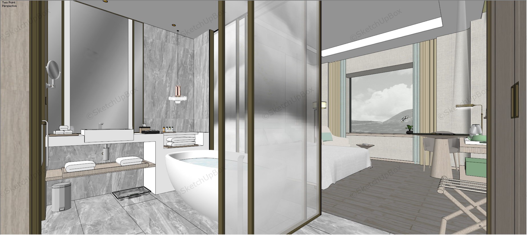 Single Deluxe Hotel Room sketchup model preview - SketchupBox