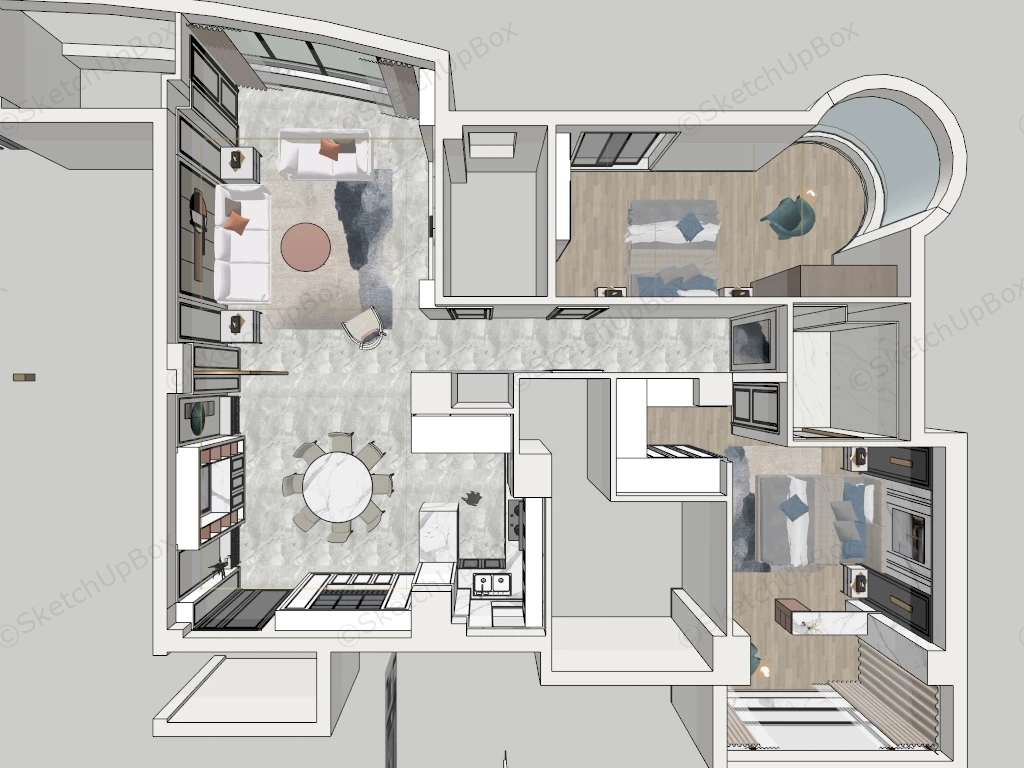 2 Bedroom Apartment Interior Design sketchup model preview - SketchupBox