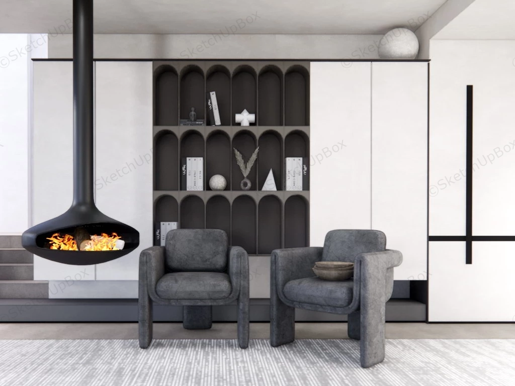 Living Room With Accent Chairs And Fireplace sketchup model preview - SketchupBox