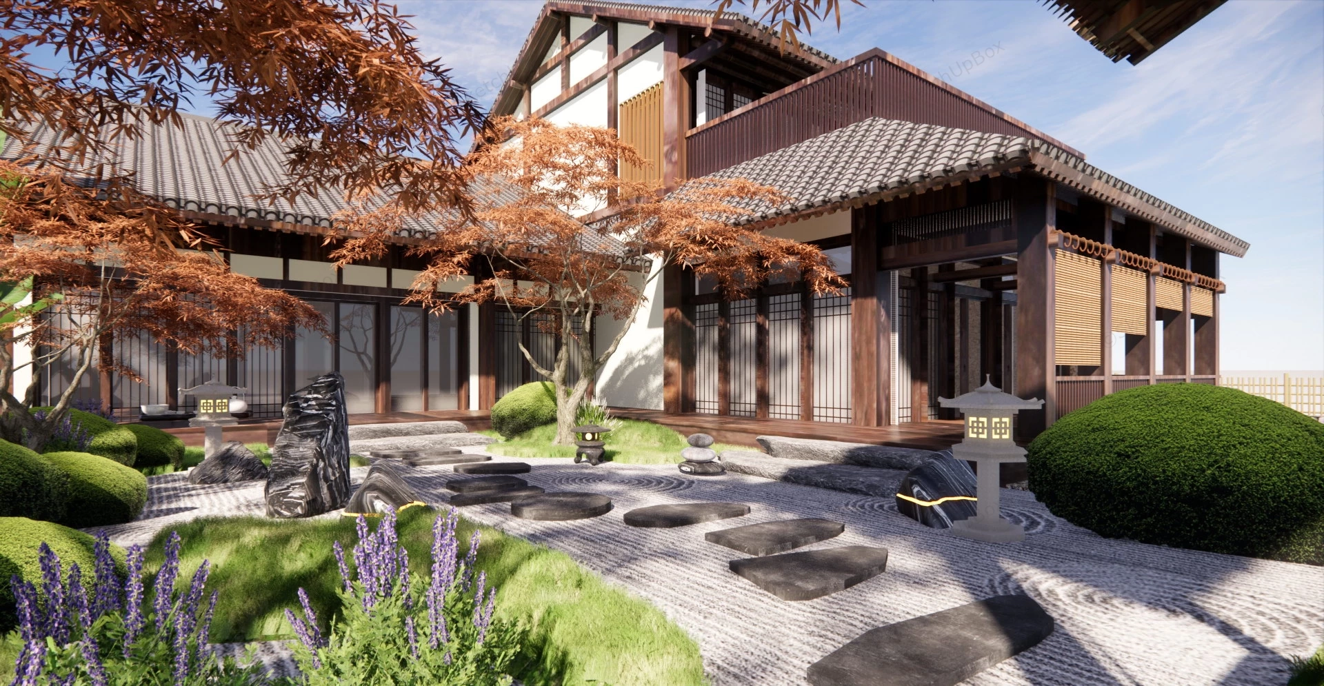 Traditional Japanese House With Garden Design sketchup model preview - SketchupBox