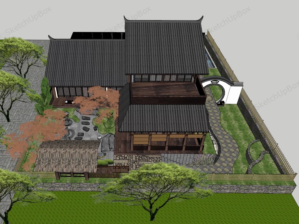 Traditional Japanese House With Garden Design sketchup model preview - SketchupBox
