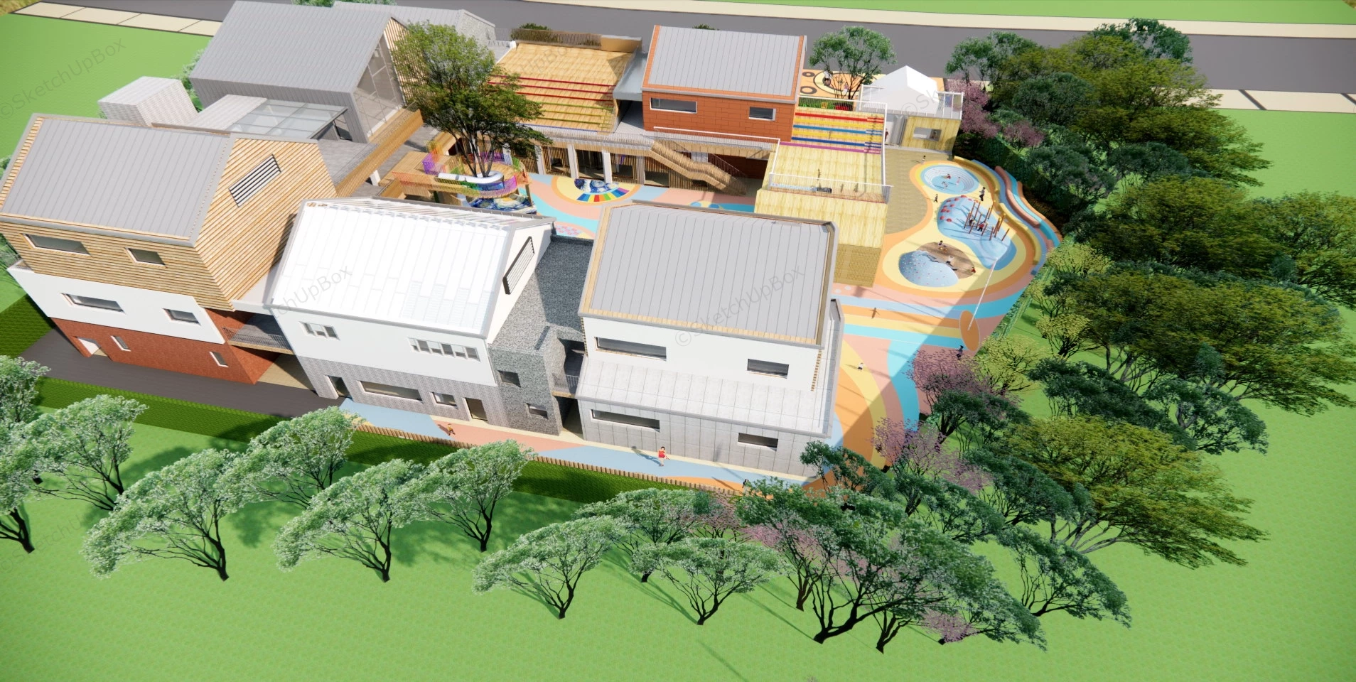 Modern Kindergarten School Buildings And Playground sketchup model preview - SketchupBox