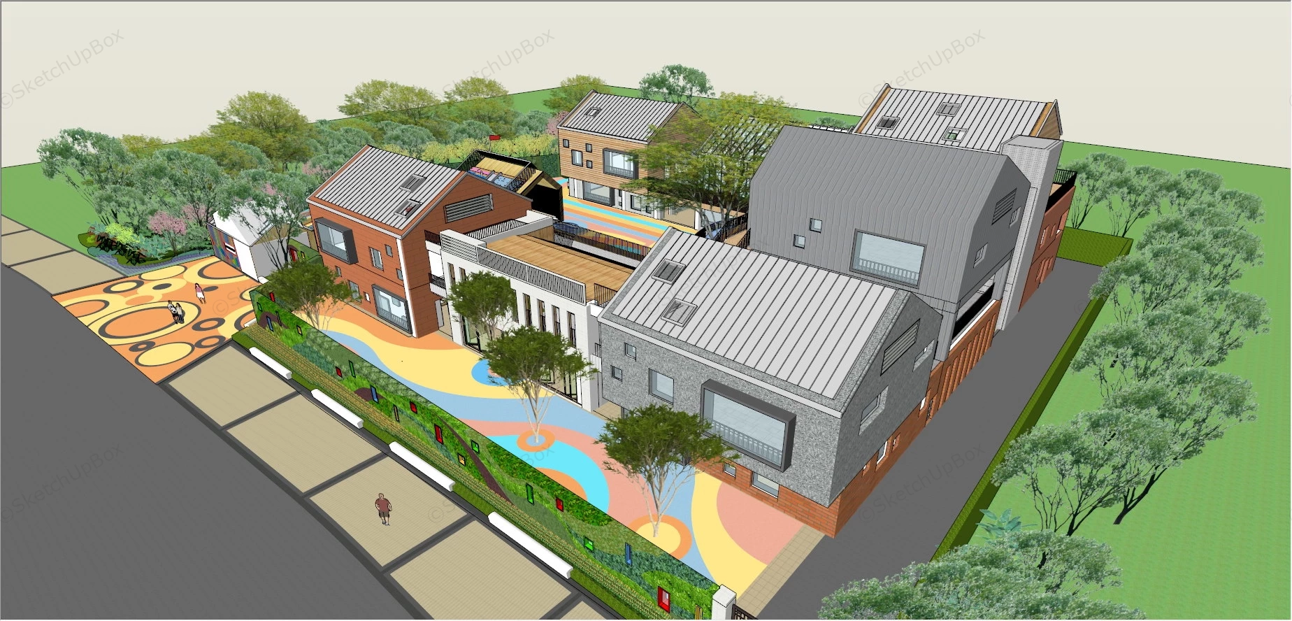Modern Kindergarten School Buildings And Playground sketchup model preview - SketchupBox