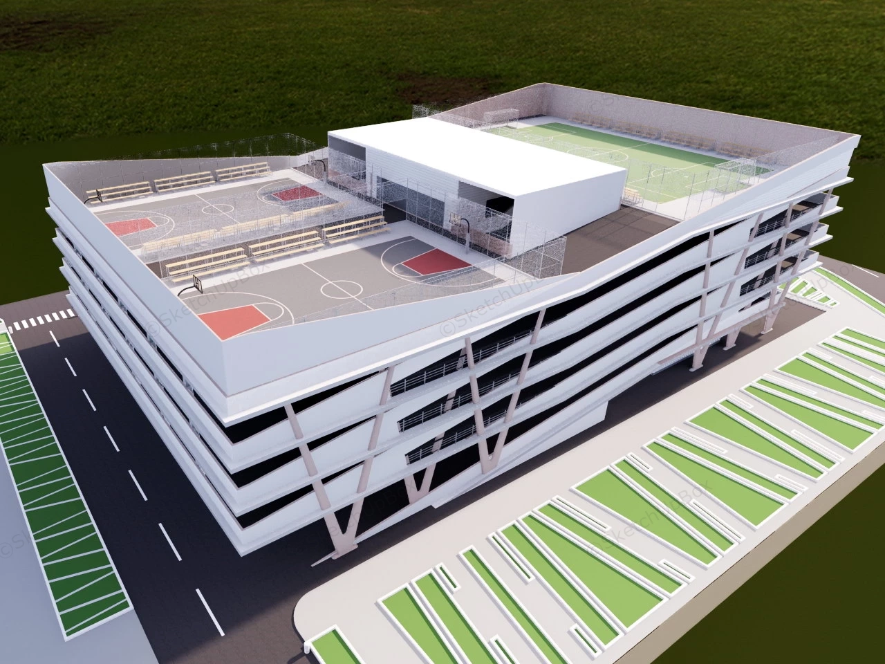 Rooftop Basketball Court And Soccer Field sketchup model preview - SketchupBox