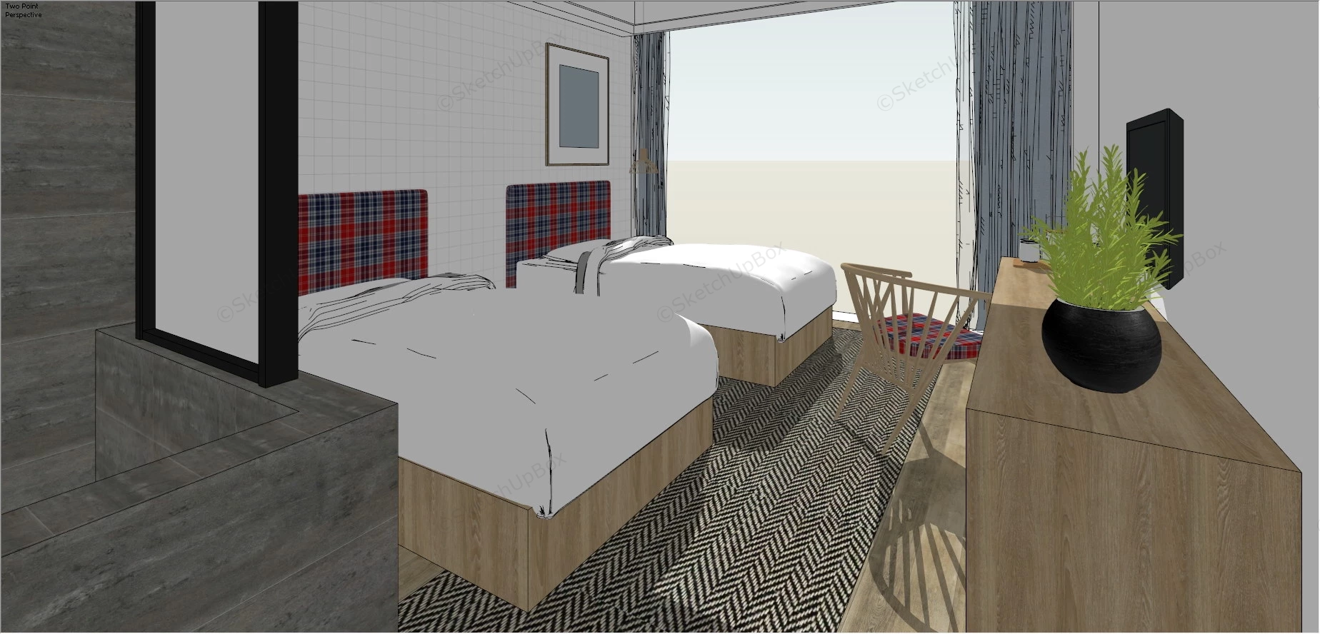 Budget Hotel Twin Room sketchup model preview - SketchupBox