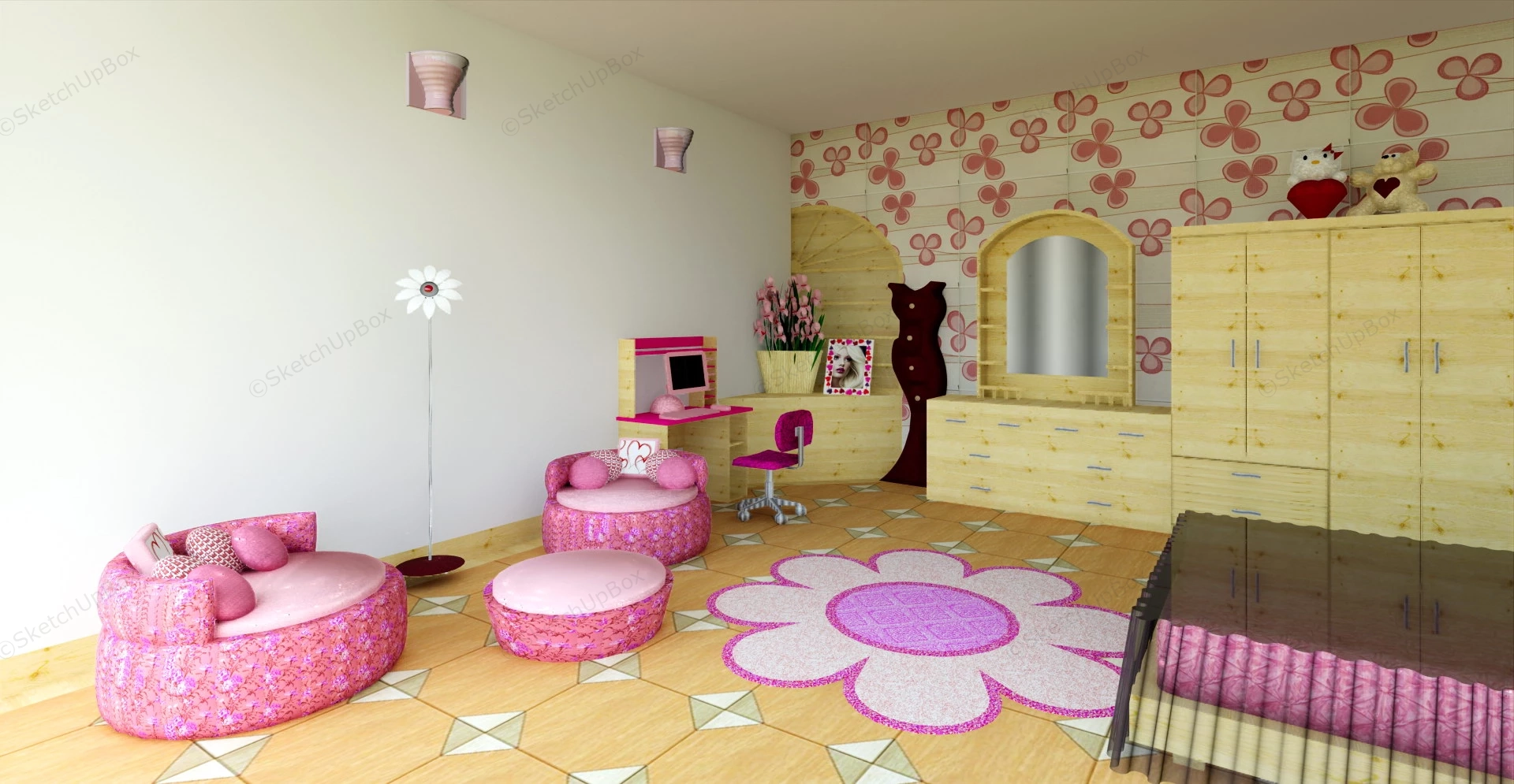 Teen Girl Bedroom Design Idea sketchup model preview - SketchupBox