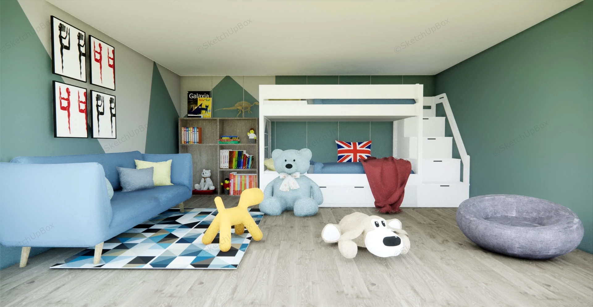 Boys Bunk Bed Room Idea sketchup model preview - SketchupBox