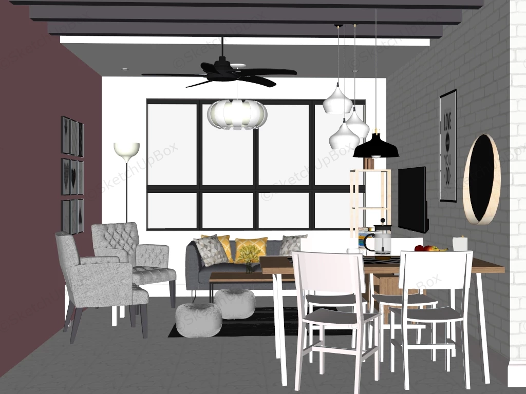 Small Living Room With Dining Table sketchup model preview - SketchupBox
