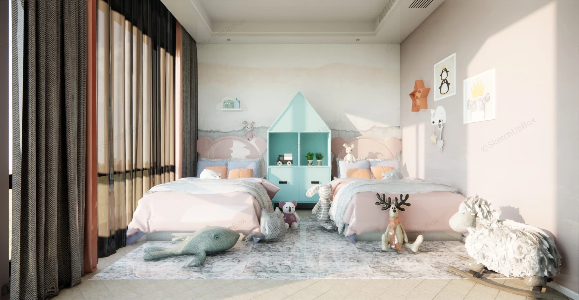 Twin Bed Girls Room Idea sketchup model preview - SketchupBox