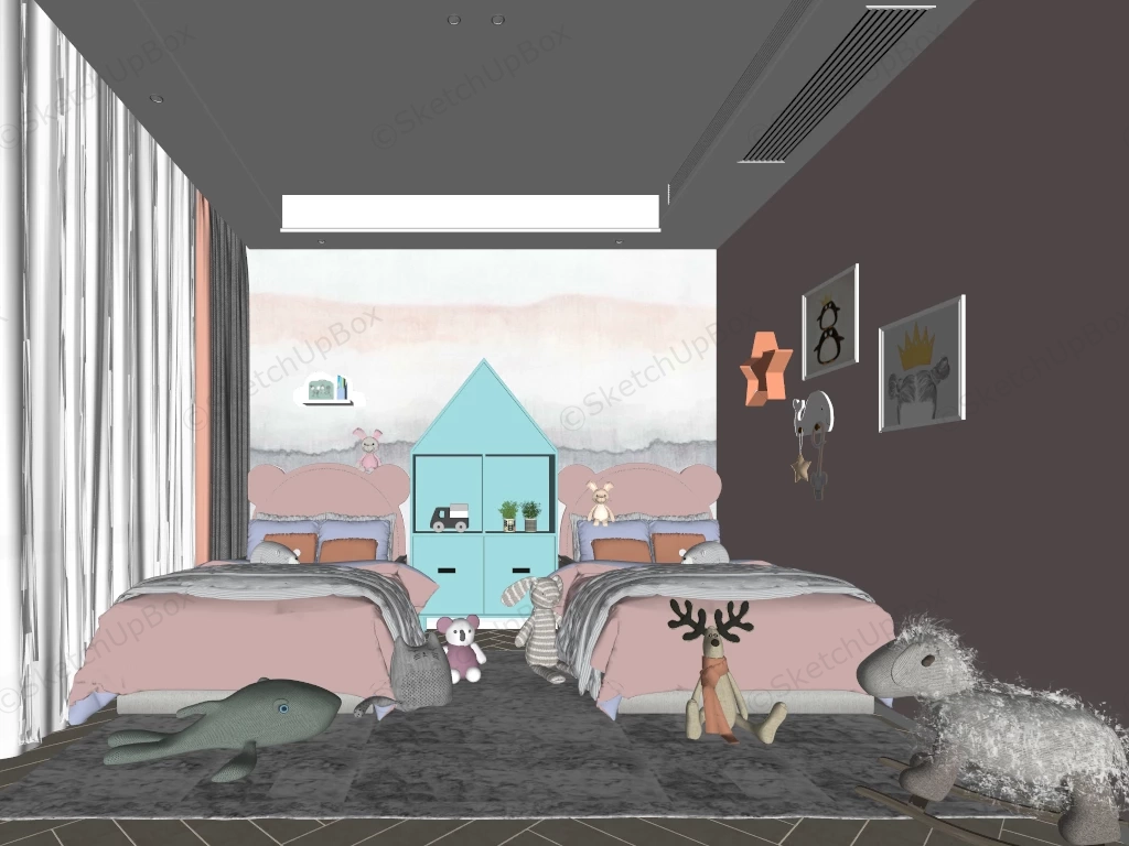 Twin Bed Girls Room Idea sketchup model preview - SketchupBox