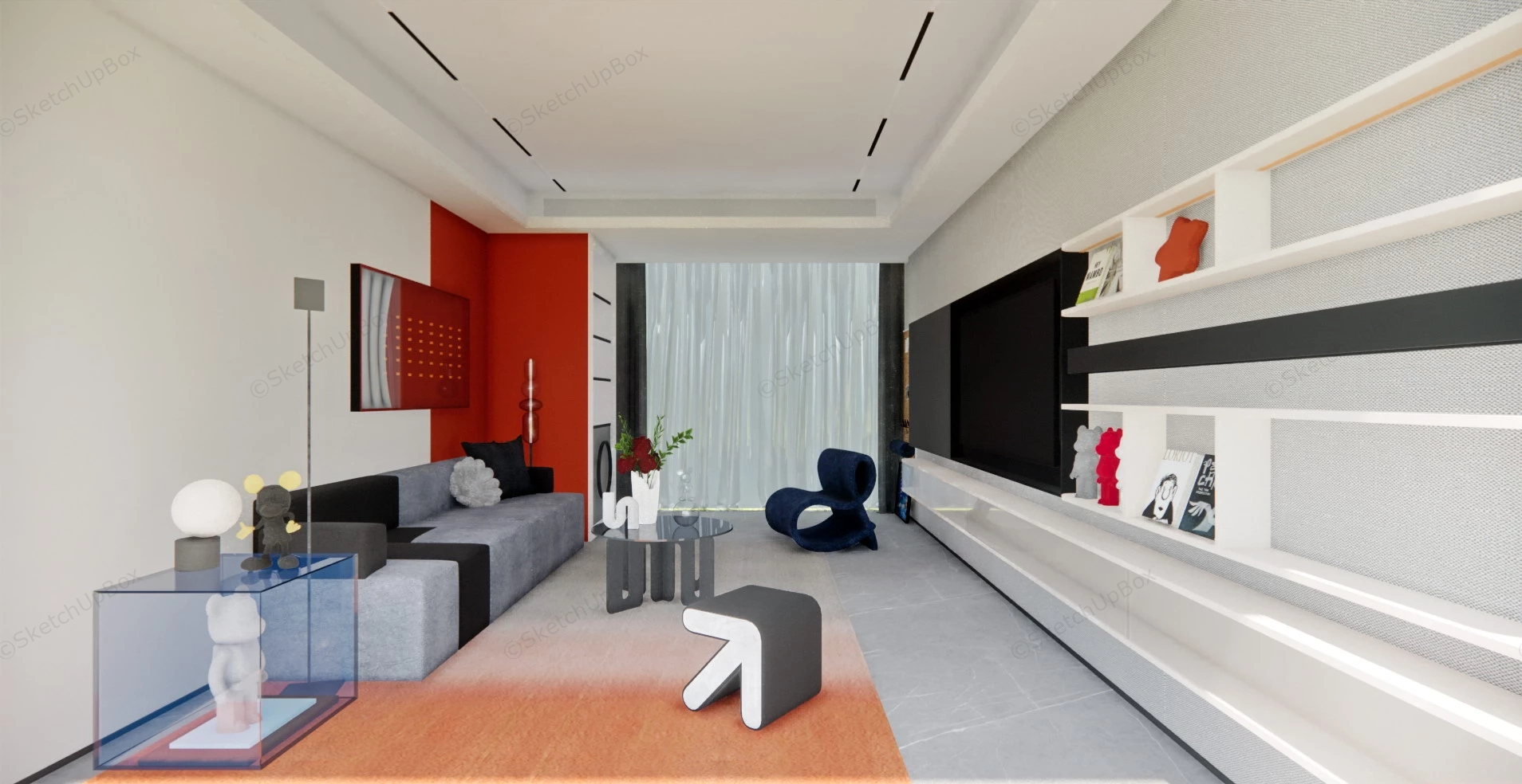 Red And Grey Living Room Idea sketchup model preview - SketchupBox