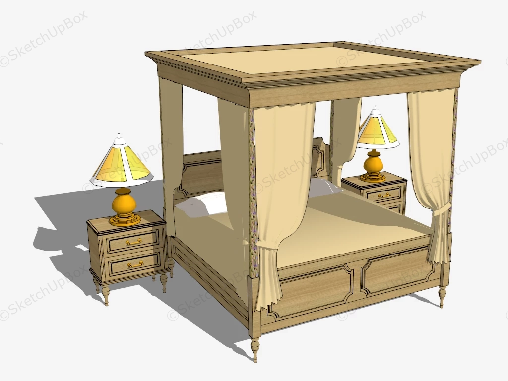 Solid Wood Canopy Bed sketchup model preview - SketchupBox