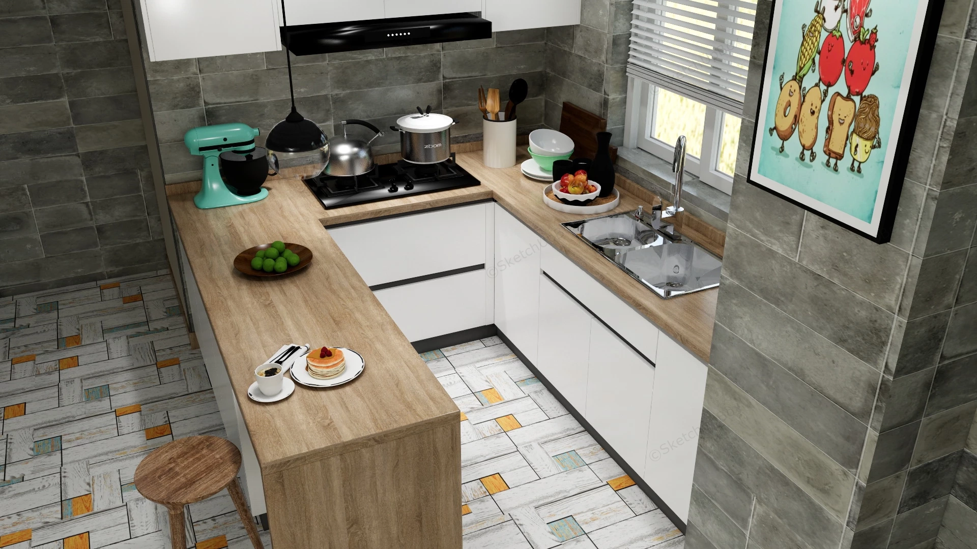 Small Kitchen With Breakfast Bar sketchup model preview - SketchupBox