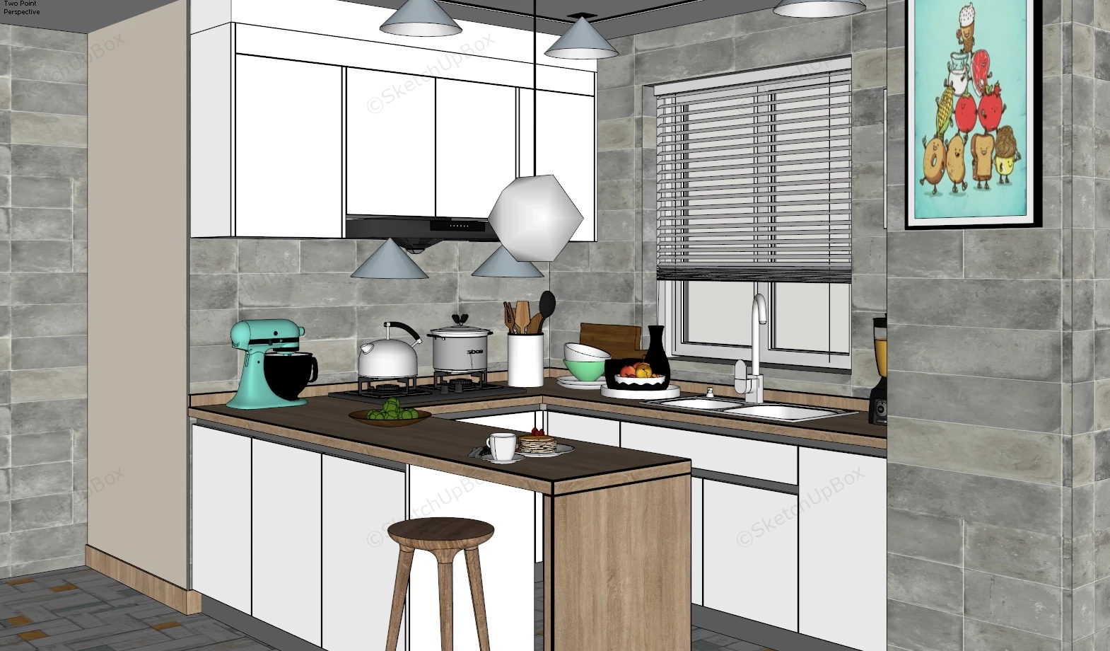 Small Kitchen With Breakfast Bar sketchup model preview - SketchupBox