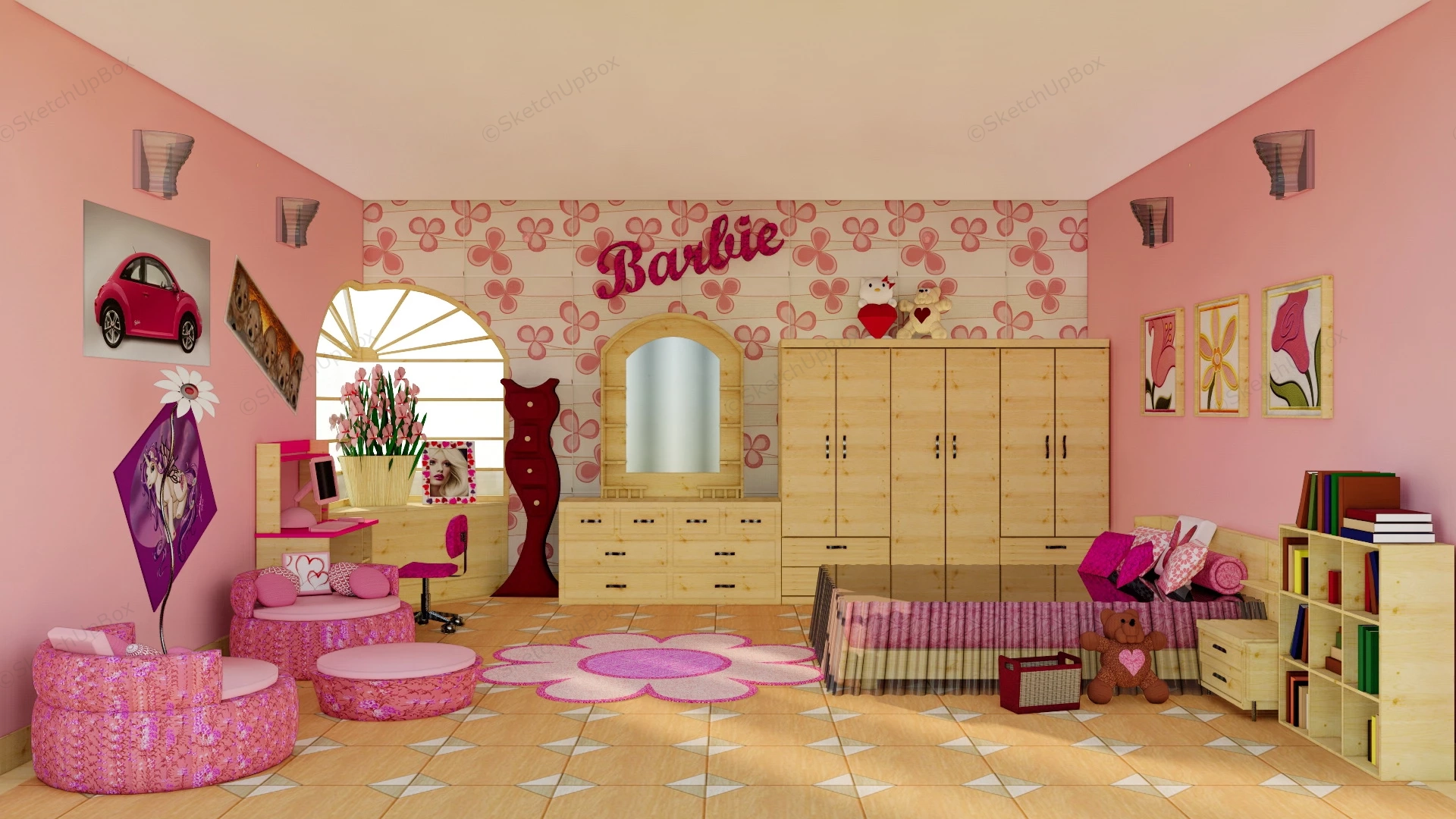 Pink Teen Girl Bedroom sketchup model preview - SketchupBox