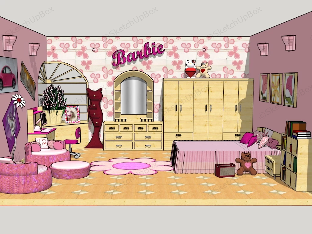 Pink Teen Girl Bedroom sketchup model preview - SketchupBox