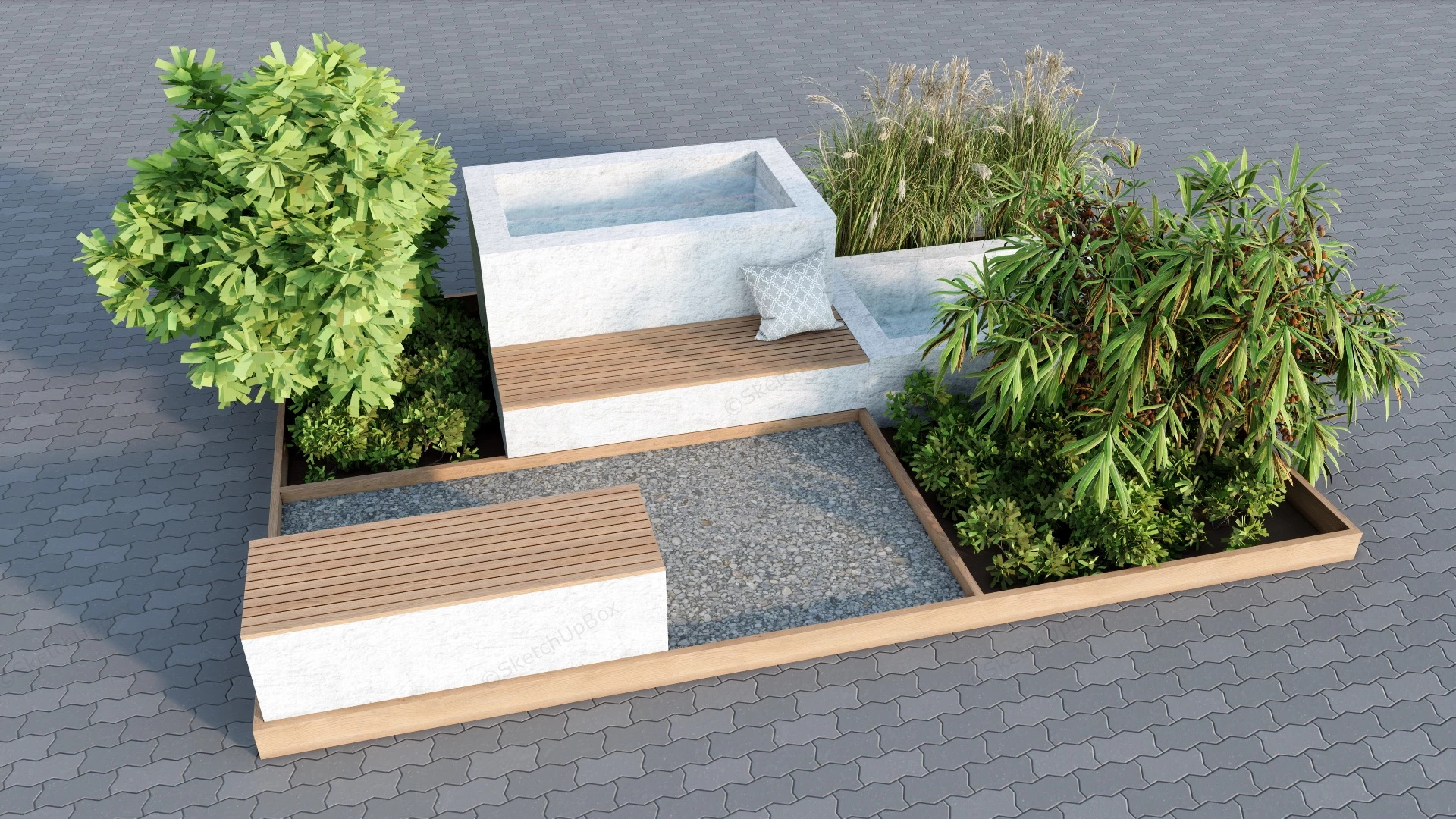 Patio Garden With Bench And Pond sketchup model preview - SketchupBox