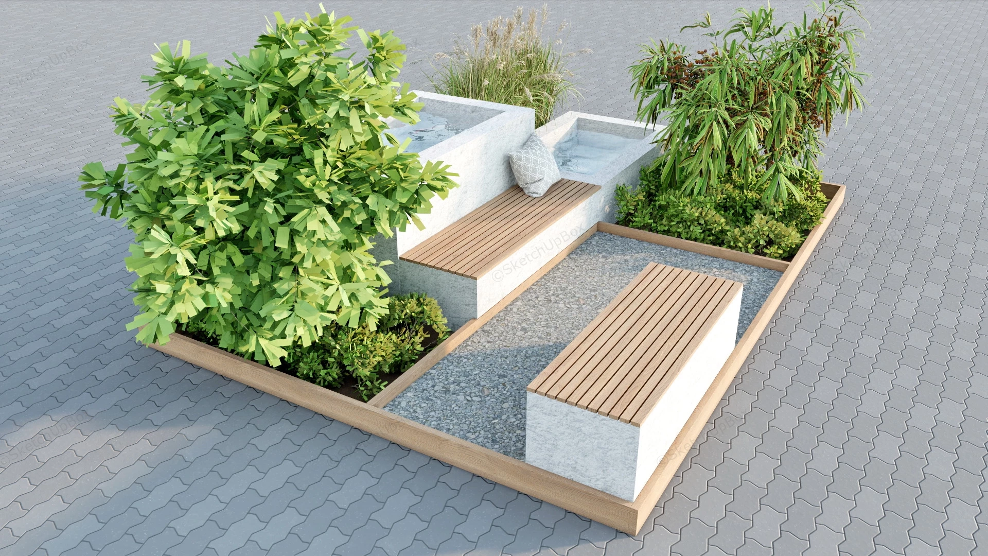 Patio Garden With Bench And Pond sketchup model preview - SketchupBox