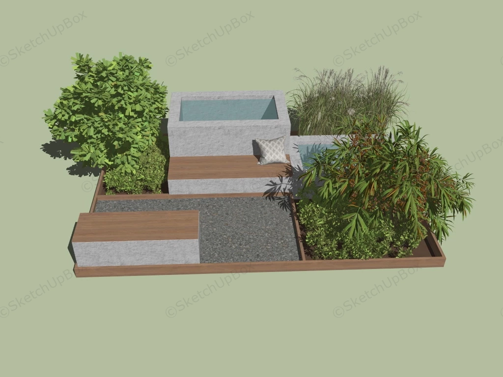 Patio Garden With Bench And Pond sketchup model preview - SketchupBox