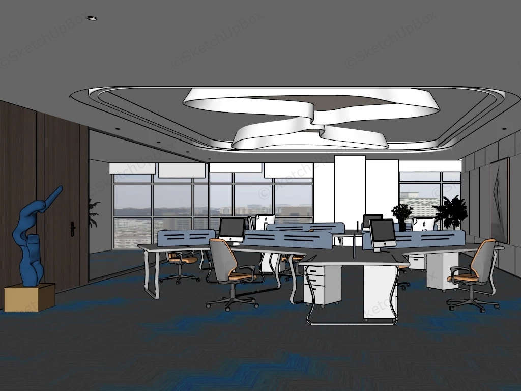 Modern Open Office Design sketchup model preview - SketchupBox