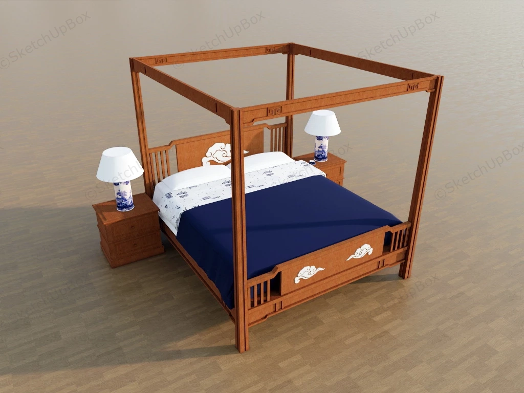 Vintage Wooden Canopy Bed sketchup model preview - SketchupBox