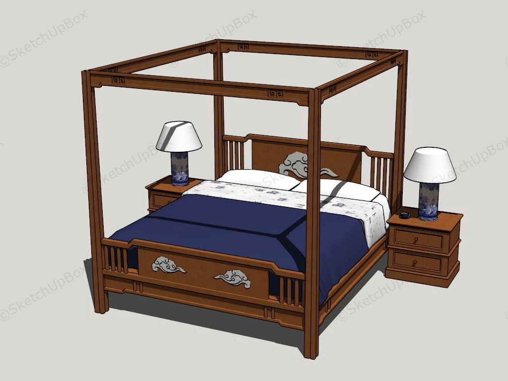 Vintage Wooden Canopy Bed sketchup model preview - SketchupBox