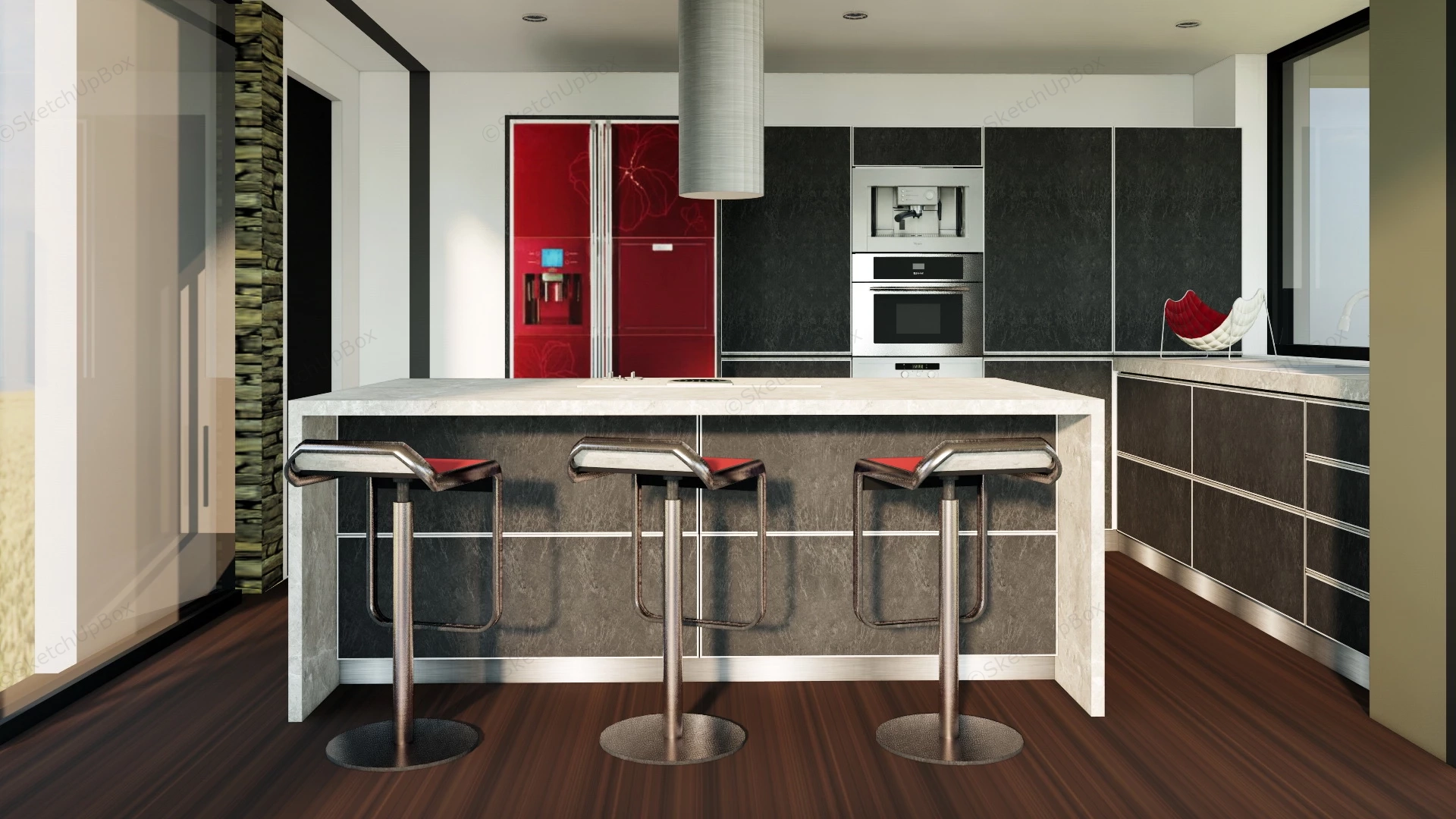 Dark Grey And Red Kitchen sketchup model preview - SketchupBox