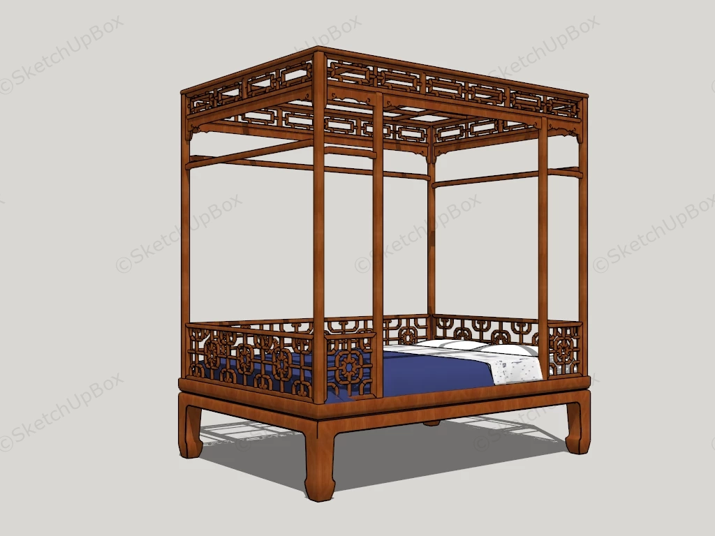 Antique Chinese Canopy Bed sketchup model preview - SketchupBox