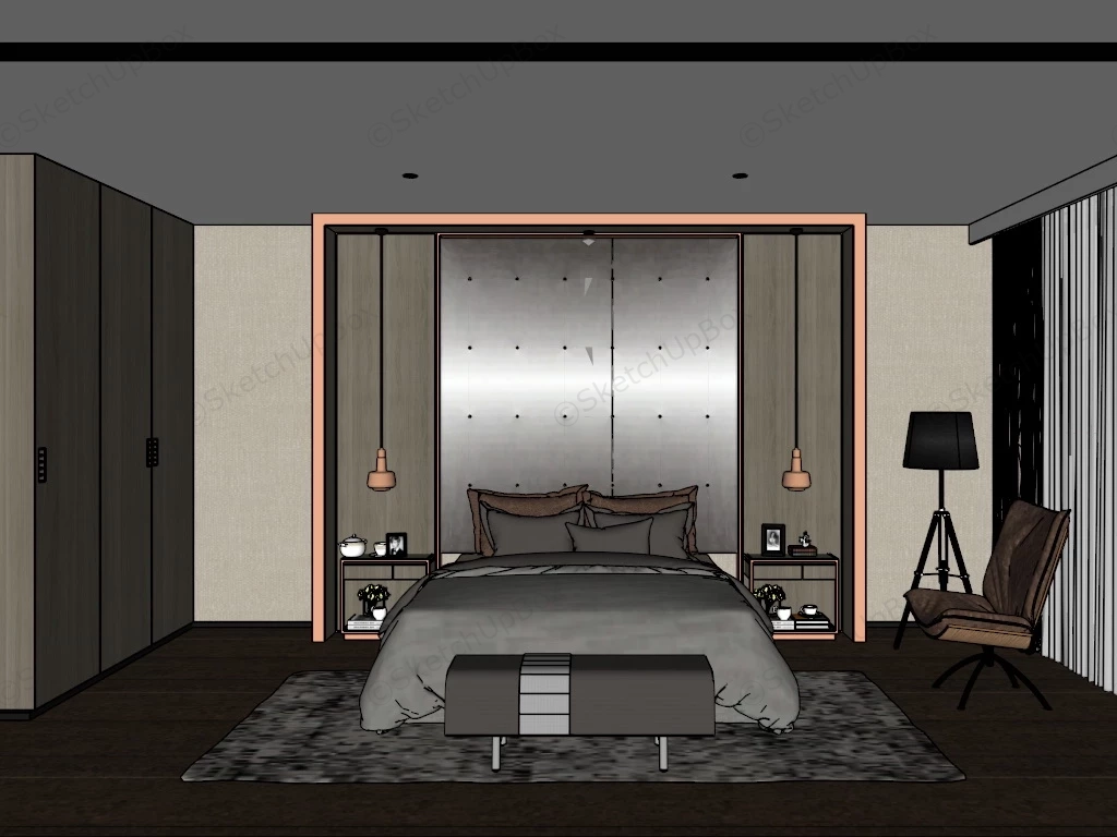 Grey Bedroom Interior Design sketchup model preview - SketchupBox