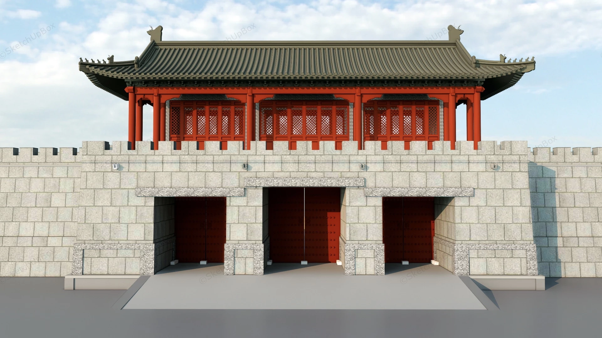 Chinese Ancient City Wall And Gate sketchup model preview - SketchupBox