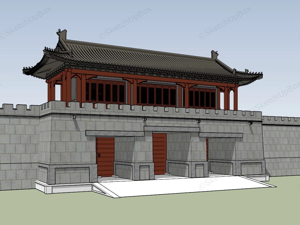 Chinese Ancient City Wall And Gate sketchup model preview - SketchupBox
