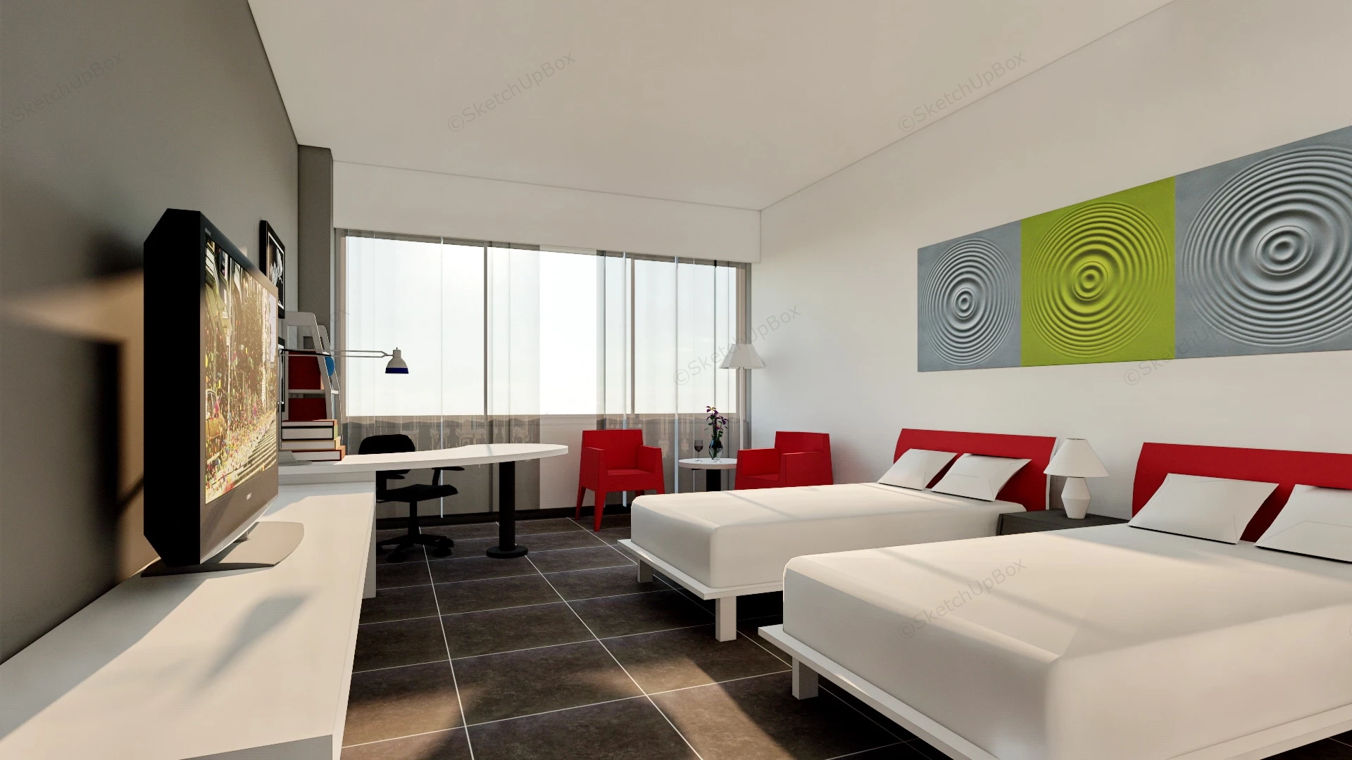 Twin Beds Hotel Room Design sketchup model preview - SketchupBox