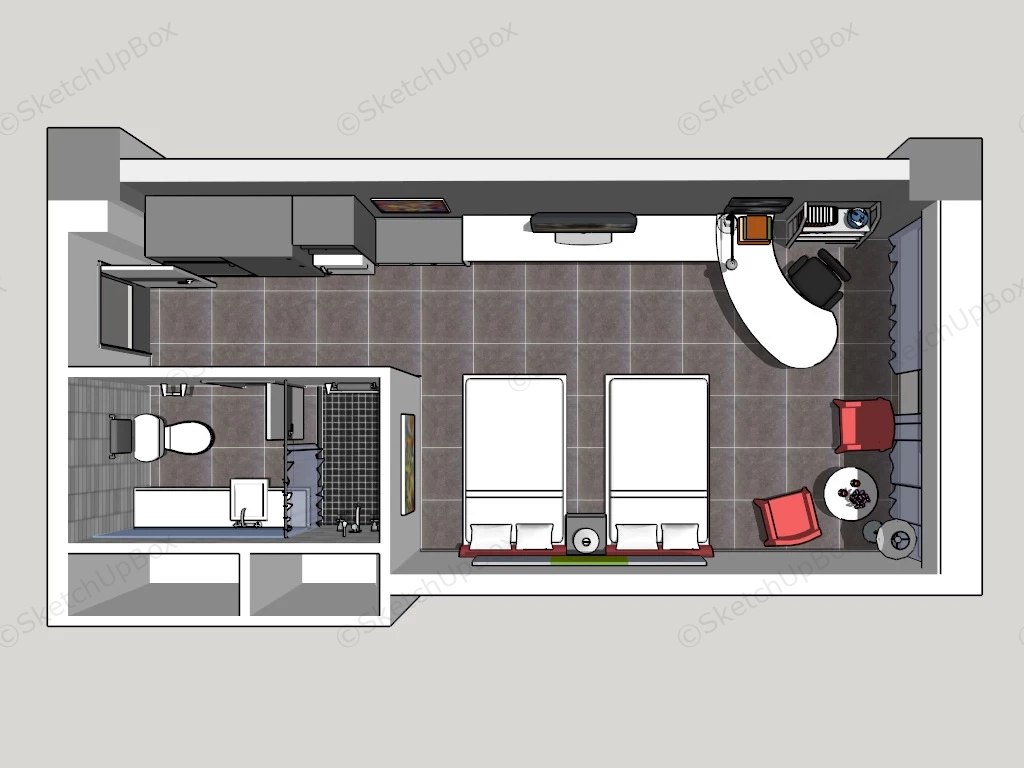 Twin Beds Hotel Room Design sketchup model preview - SketchupBox