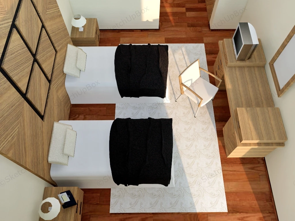 Twin Bed Hotel Room sketchup model preview - SketchupBox