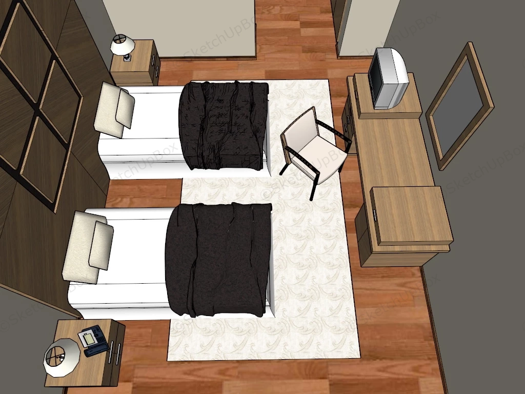 Twin Bed Hotel Room sketchup model preview - SketchupBox