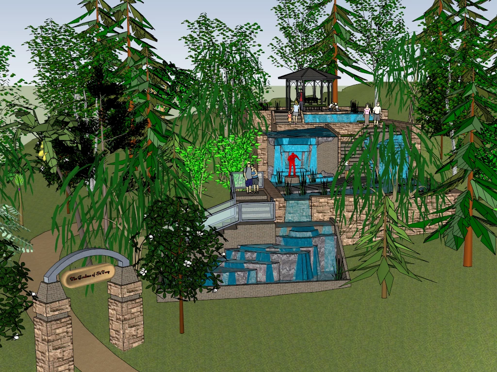 Garden With Waterfall Landscaping Ideas sketchup model preview - SketchupBox