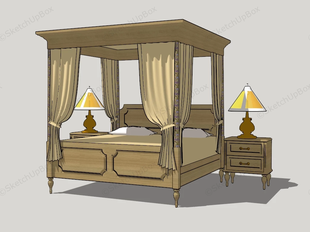 Antique Canopy Bed & Nightstand Set sketchup model preview - SketchupBox