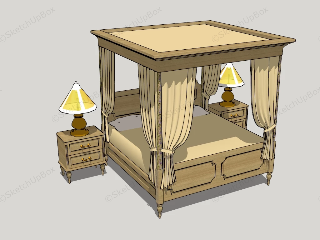 Antique Canopy Bed & Nightstand Set sketchup model preview - SketchupBox