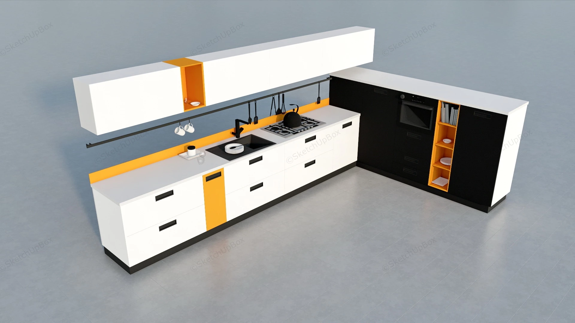 White Black And Yellow Kitchen Cabinet sketchup model preview - SketchupBox