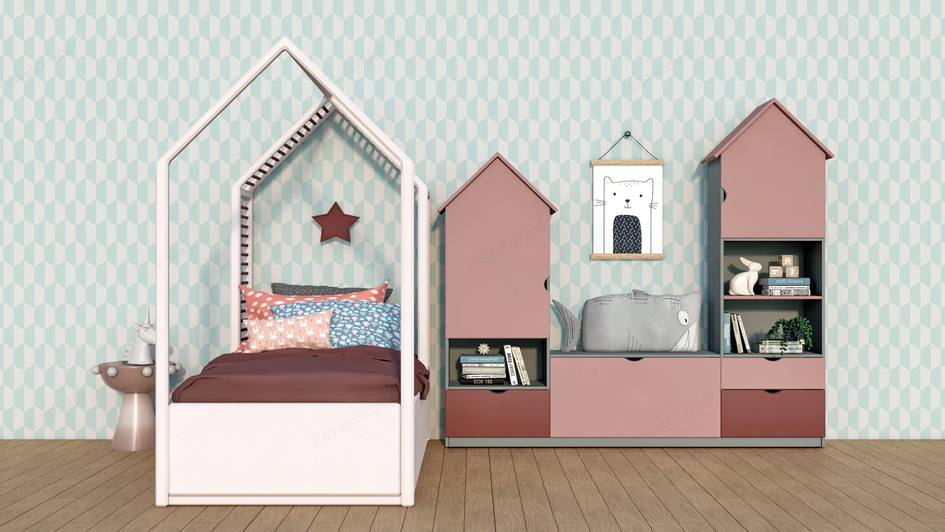 Toddler Girls Room With Bookcase sketchup model preview - SketchupBox