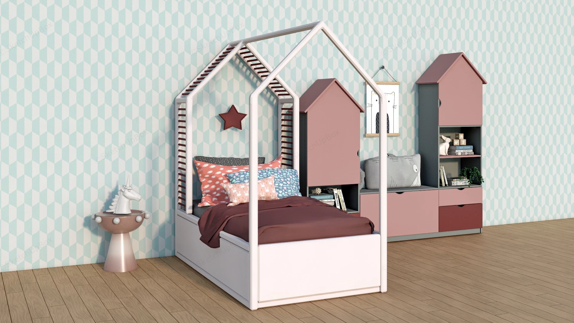 Toddler Girls Room With Bookcase sketchup model preview - SketchupBox